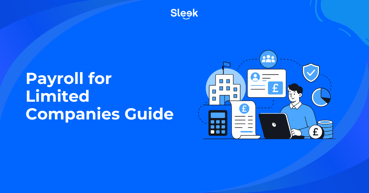 Payroll for limited companies guide illustration showing a business owner managing payroll with a calculator, payslips, and financial icons