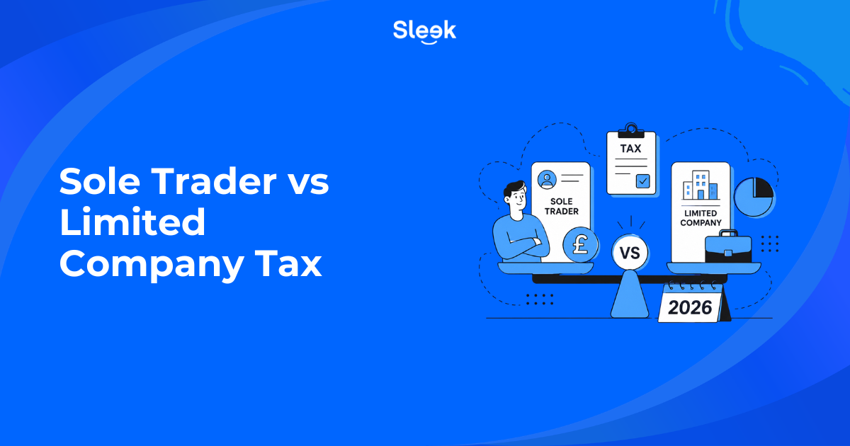 Sole trader vs limited company tax comparison graphic with balanced scales weighing both business structures for 2026