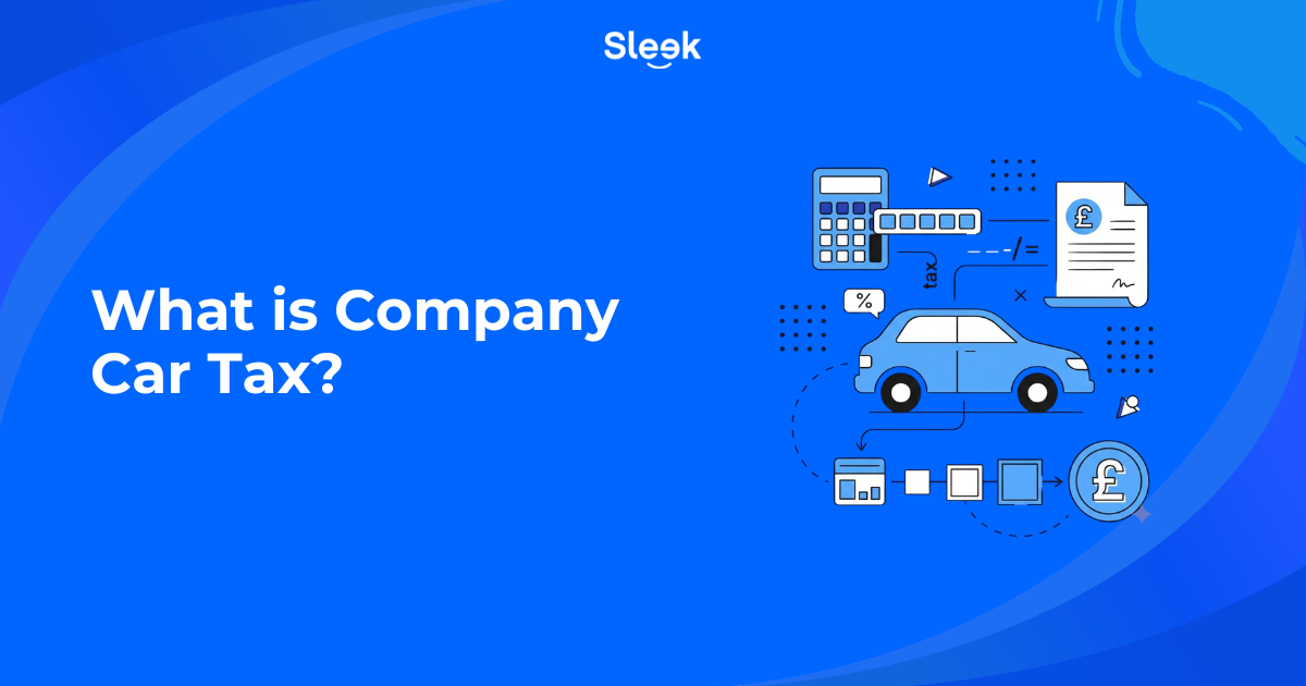 Sleek illustration explaining what company car tax is, with a car, calculator and pound symbol