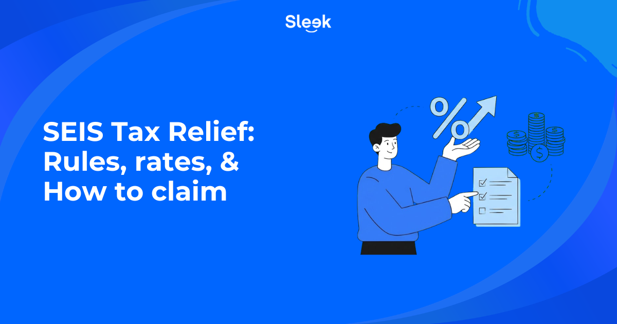 Illustration of a man holding a percentage symbol with an upward arrow, a checklist, and stacks of coins, on a blue Sleek-branded background.
