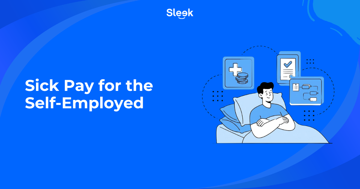 Illustration of a self-employed person resting in bed with icons for money, a claim form and a process flow above them