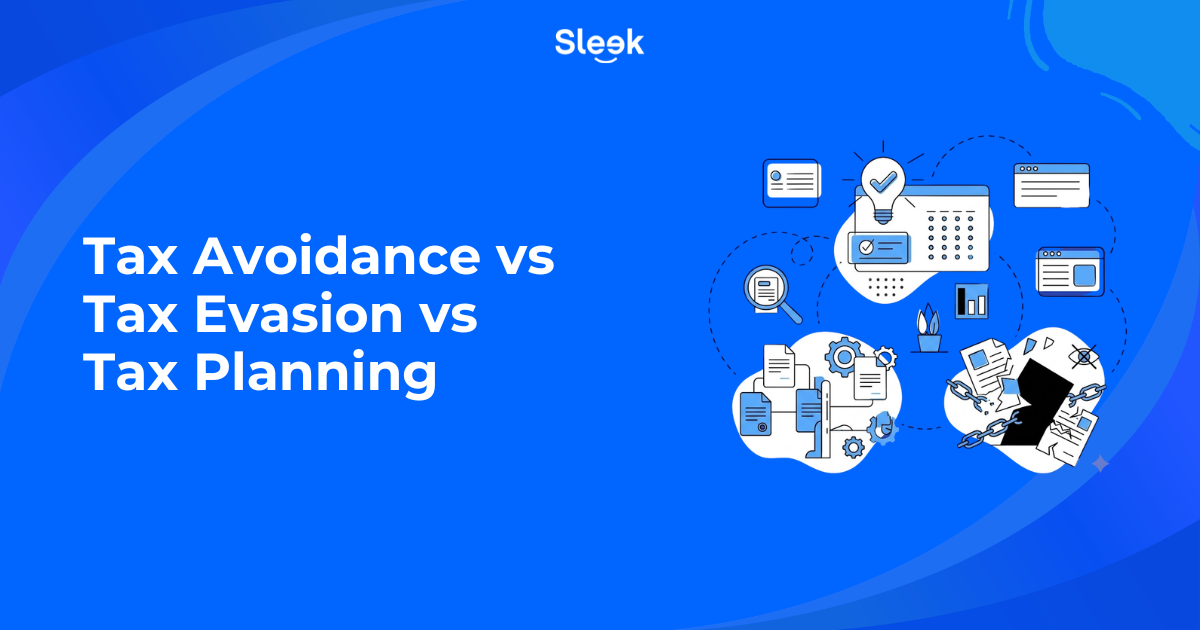 Sleek illustration comparing tax avoidance vs tax evasion vs tax planning, with documents, charts, a lightbulb and a broken chain