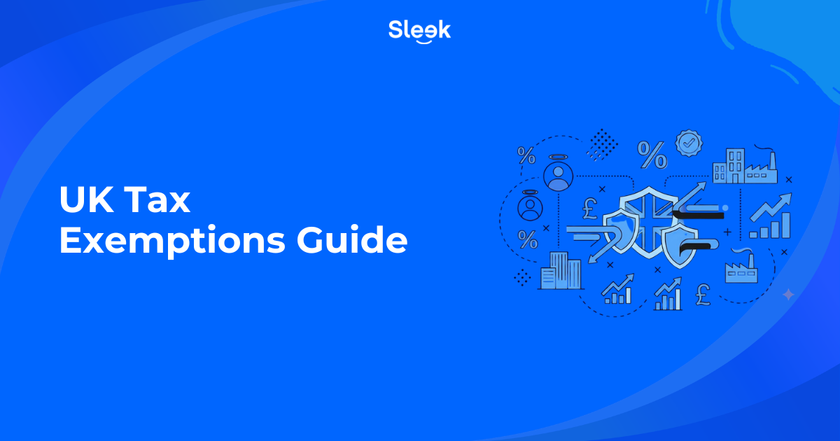UK tax exemptions guide illustration, with a shield, factories, charts, people and pound symbols representing tax relief
