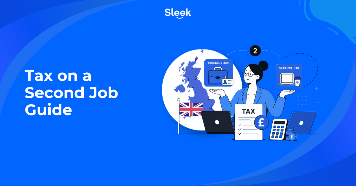 Illustration of a woman weighing up a primary job and second job with UK map, flag, tax form and calculator