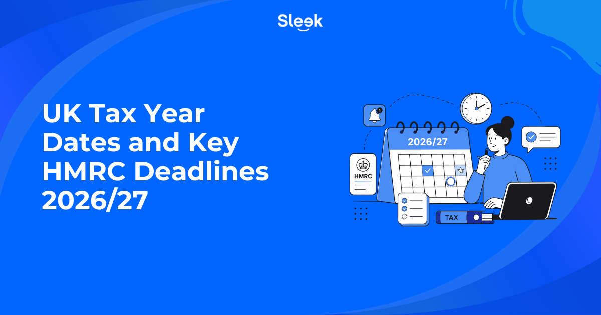 Sleek branded blog thumbnail showing a UK tax year 2026/27 calendar with HMRC deadlines, clock and checklist icons