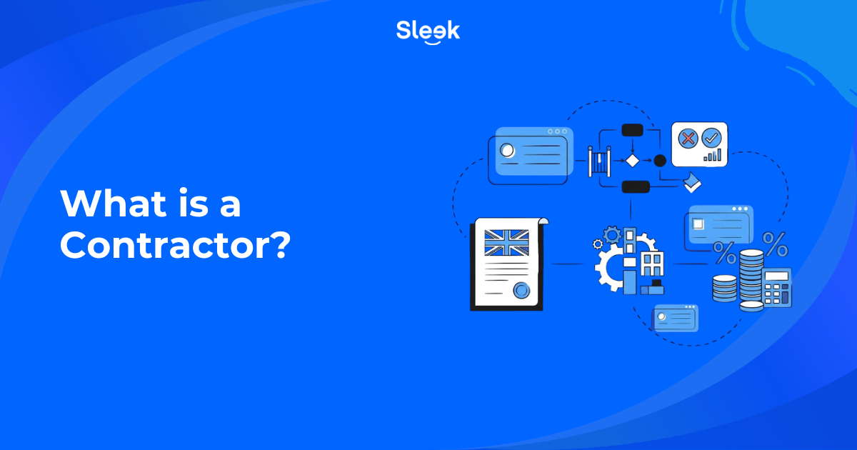 Illustration of a UK contract document with a flowchart, gears and financial icons around it
