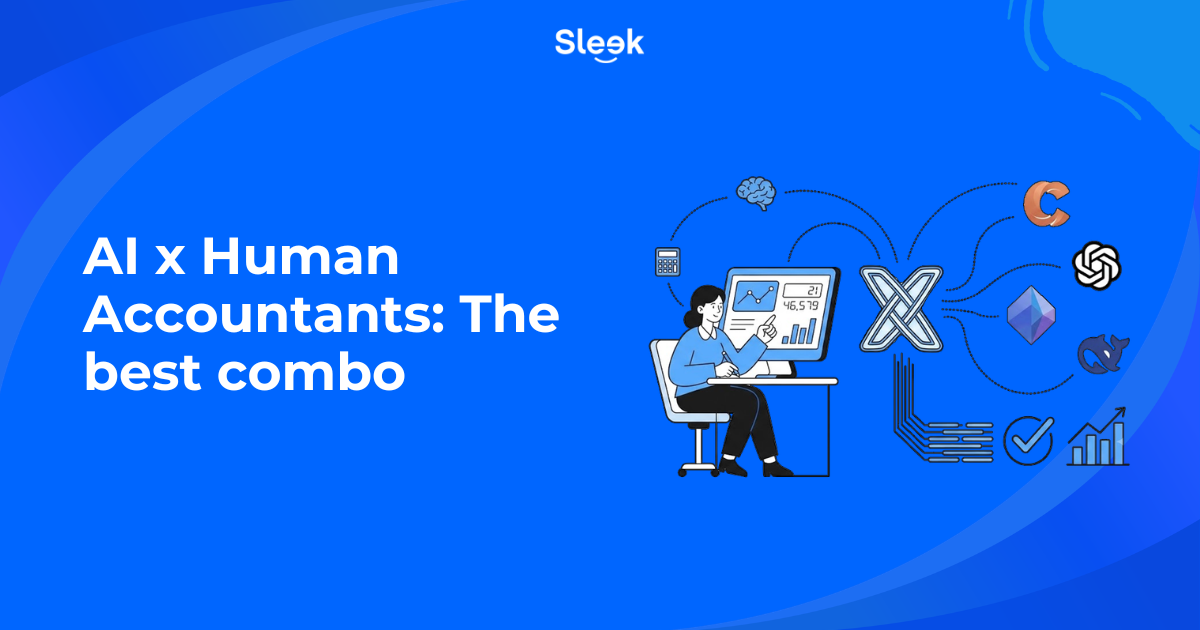 Illustration of an accountant at a desk with charts and a calculator, linked to AI tool icons, on a blue Sleek banner