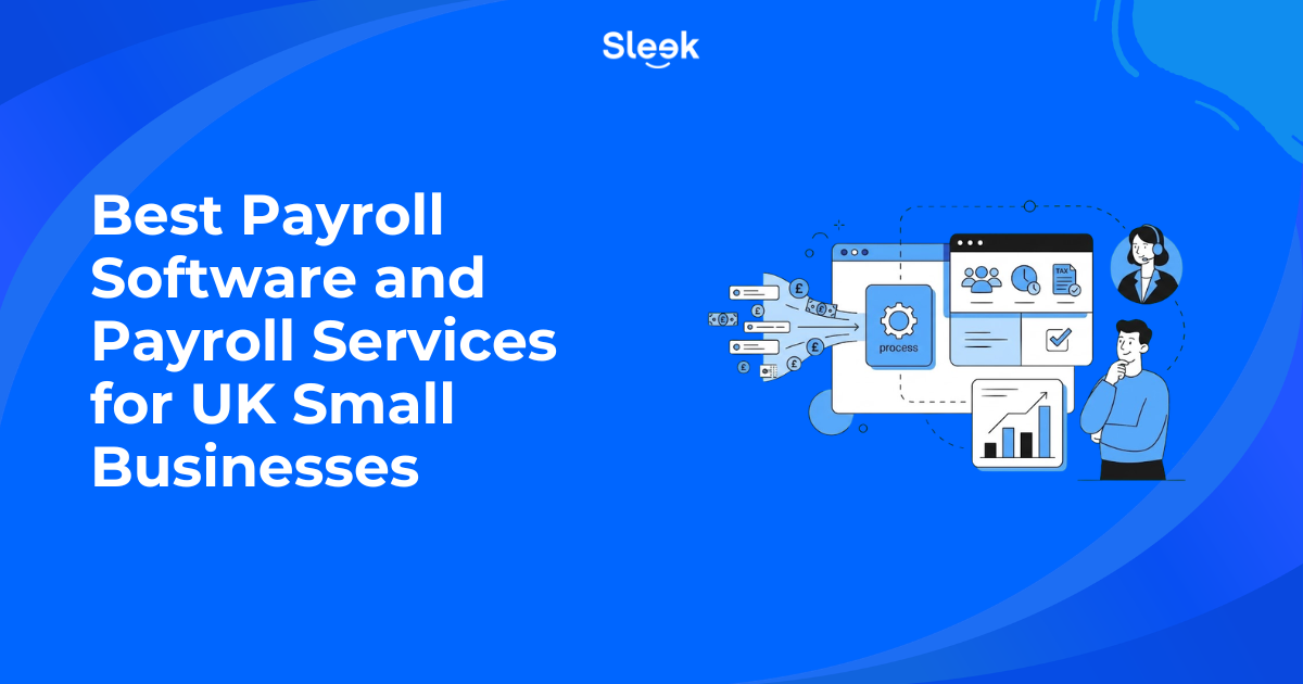 Illustration of a payroll process dashboard with pound payslips, employee charts and a support agent icon.