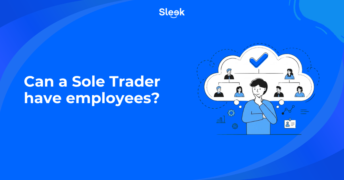 Illustration of a sole trader thinking about a team of employees shown in a thought-bubble org chart, Sleek branding.