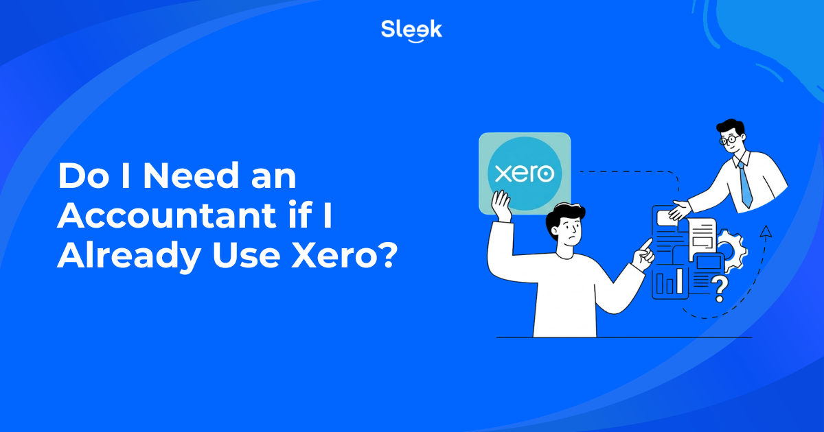Illustration of a confused man beside the Xero logo while an accountant points to financial documents and charts.