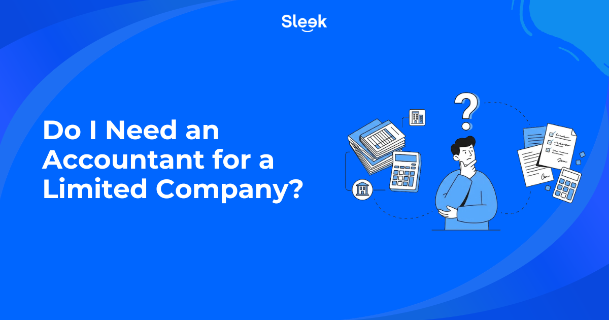 Illustration of a person thinking, surrounded by company accounts, a calculator and filing documents, beside the title Do I Need an Accountant for a Limited Company
