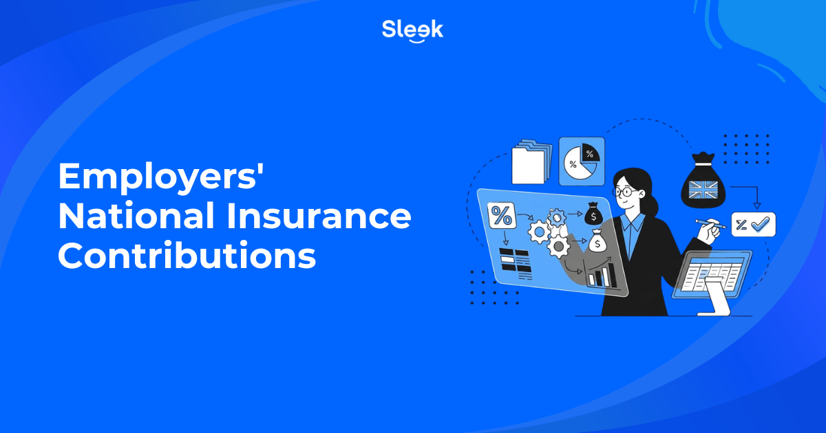 Sleek blog thumbnail titled "Employers' National Insurance Contributions" with an illustration of a person at a workstation surrounded by percentage icons, money bags, a UK flag, and charts.