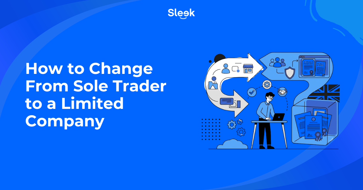Illustration of a person at a laptop with arrows curving between a shop icon and a group of people, alongside UK-flagged incorporation documents, showing the change from sole trader to a limited company.