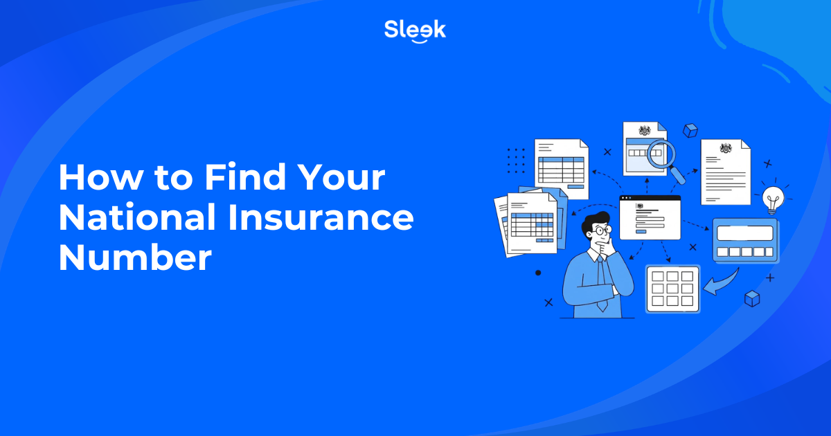 Blue Sleek banner titled How to Find Your National Insurance Number with an illustration of a person surrounded by tax documents.