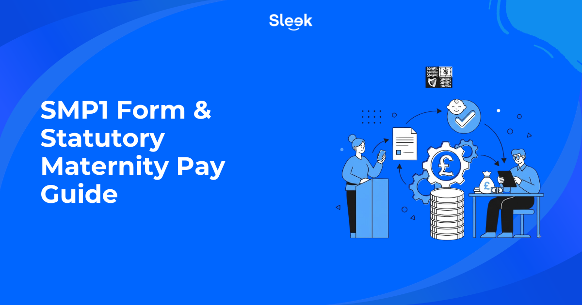 Sleek SMP1 Form and Statutory Maternity Pay Guide blog thumbnail with illustration of two people, document, gears and pound coin stacks