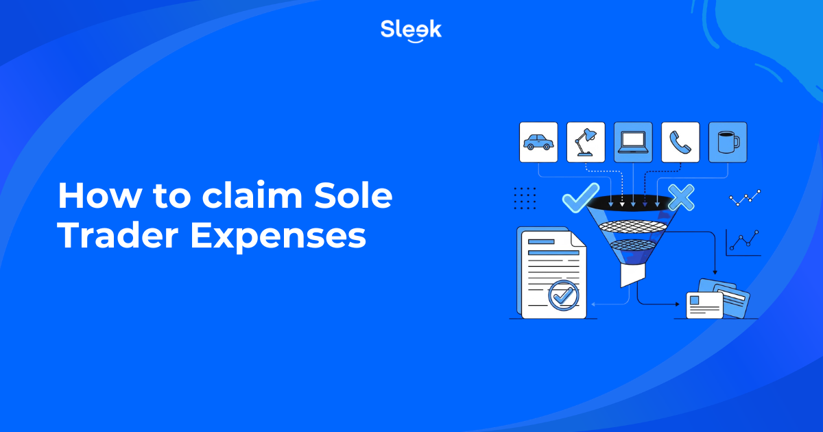 Sole trader expenses funnel with icons for car, lamp, laptop, phone and mug sorted into allowable and disallowed by tick and cross.
