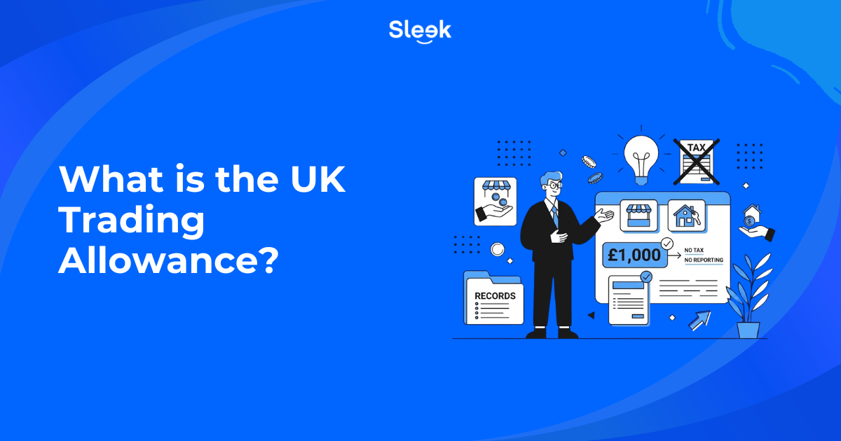 Blue Sleek banner titled What is the UK Trading Allowance? with an illustration of a person beside a £1,000 no tax, no reporting graphic.