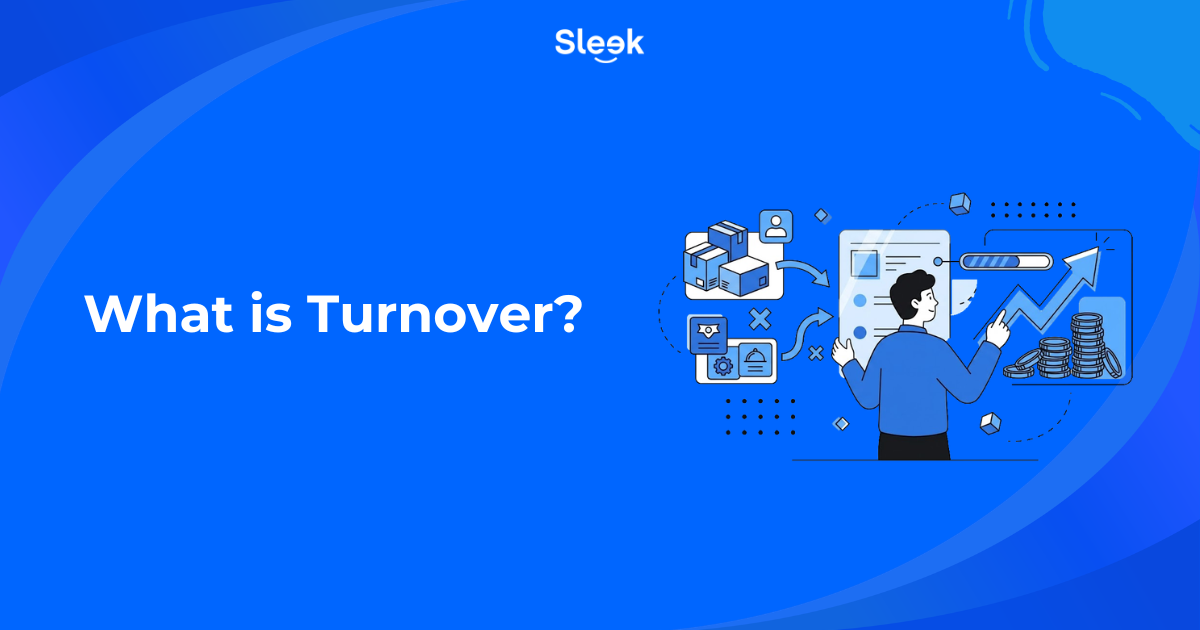 Sleek blog thumbnail titled "What is Turnover?" with an illustration of a person pointing at a rising financial growth chart, coins, and business documents.