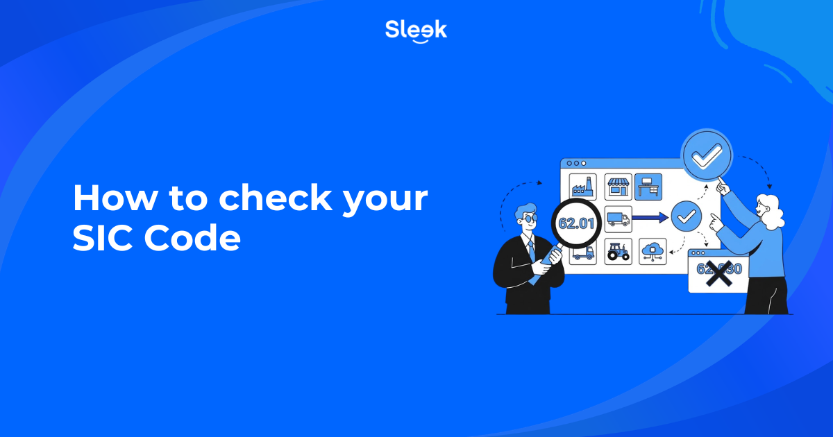Sleek UK blog banner titled How to check your SIC Code, showing a magnifying glass over code 62.01 and industry icons.