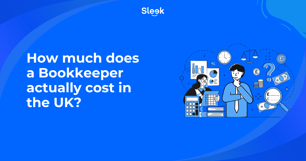 Illustration of a business owner and bookkeeper with a calculator, charts and pound coins, beside the question “How much does a bookkeeper actually cost in the UK?”