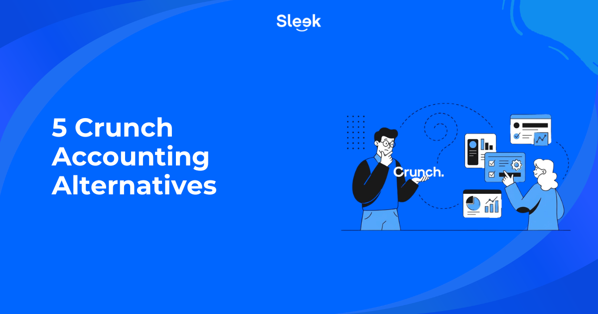 Sleek thumbnail for 5 Crunch Accounting alternatives, showing a business owner weighing up accounting options and reports